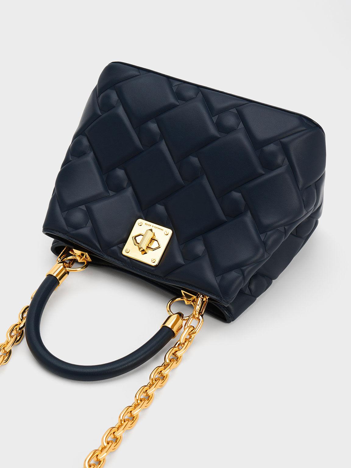 Túi Charles Keith Xách Hình Thang Tillie Quilted Xanh Navy