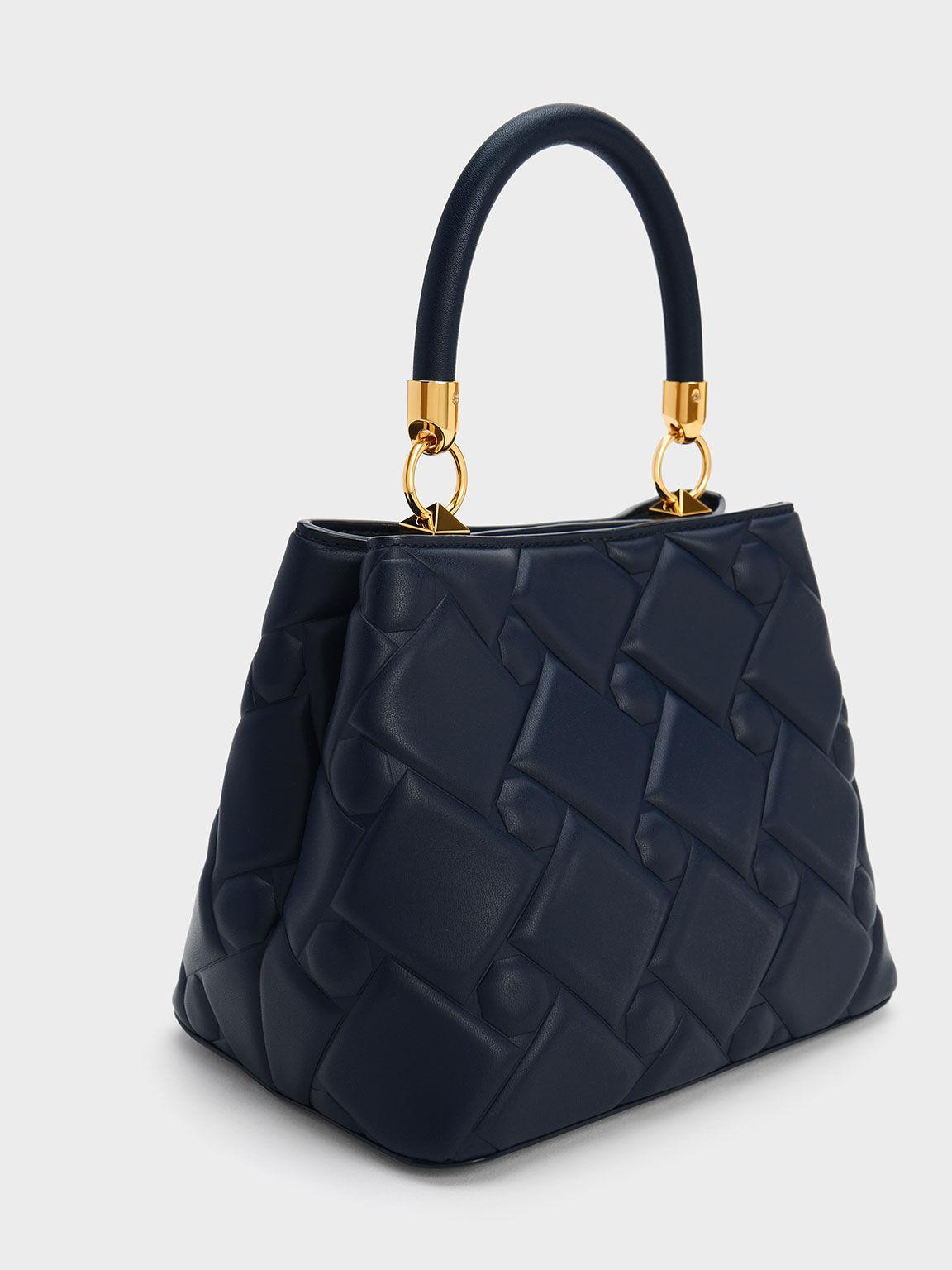 Túi Charles Keith Xách Hình Thang Tillie Quilted Xanh Navy