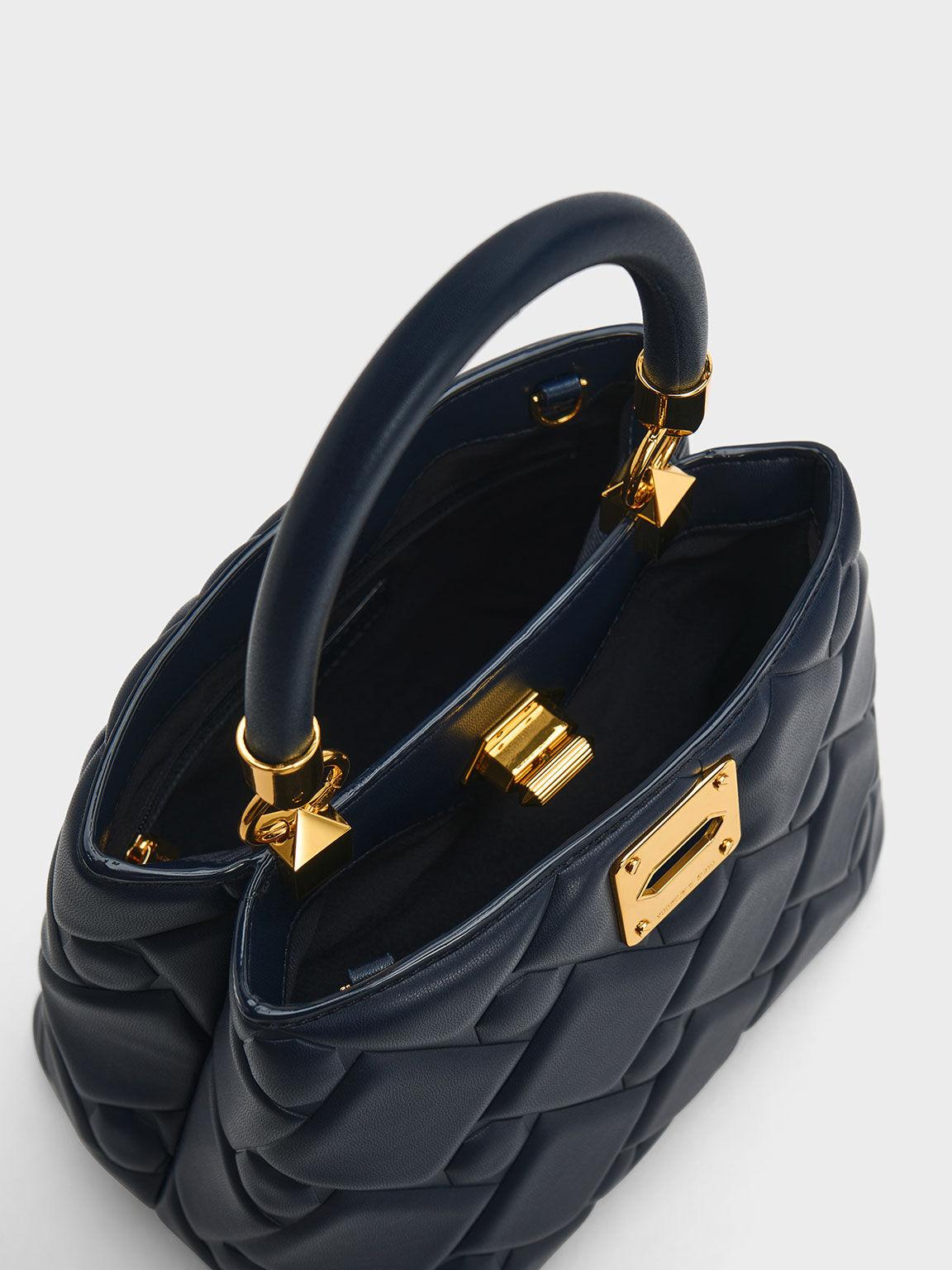 Túi Charles Keith Xách Hình Thang Tillie Quilted Xanh Navy