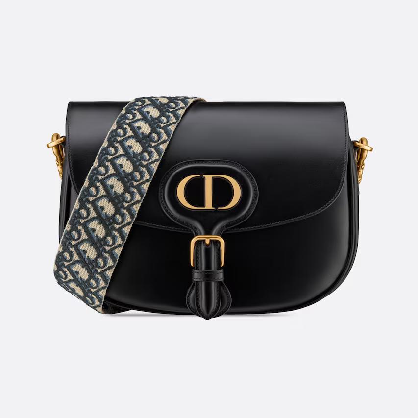 Túi Dior Large Dior Bobby Bag Black Box Calfskin With Blue Dior Oblique Embroidered Strap