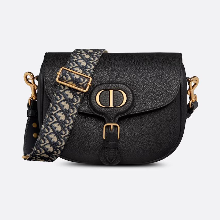 Túi Dior Large Dior Bobby Bag Black Grained Calfskin With Blue Dior Oblique Embroidered Shoulder Strap