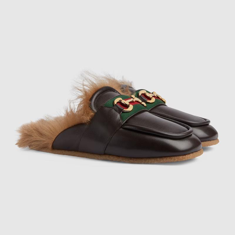 Giày Gucci Slipper With Horsebit Nam Đen Nâu