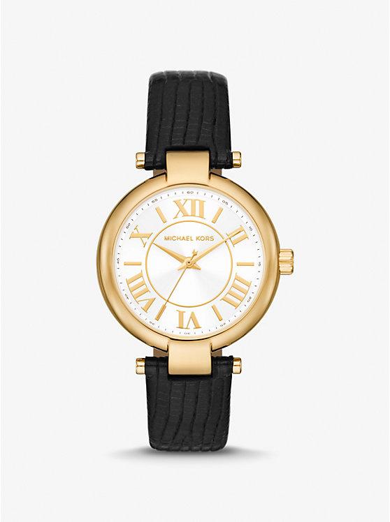 Đồng Hồ Michael Kors Laney Gold-Tone And Lizard Embossed Leather Watch Nữ Đen Vàng