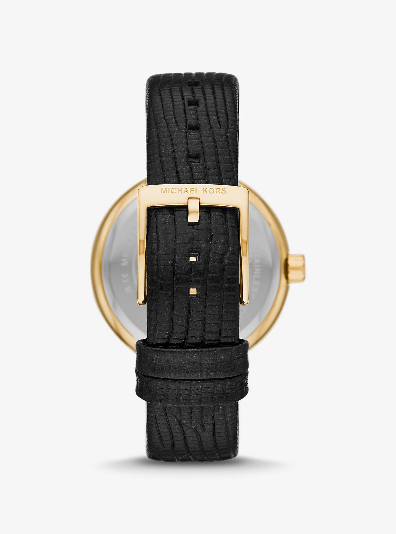 Đồng Hồ Michael Kors Laney Gold-Tone And Lizard Embossed Leather Watch Nữ Đen Vàng