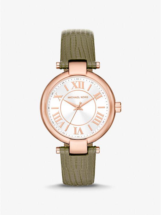 Đồng Hồ Michael Kors Laney Rose Gold-Tone And Lizard Embossed Leather Watch Nữ Hồng Xanh Lá