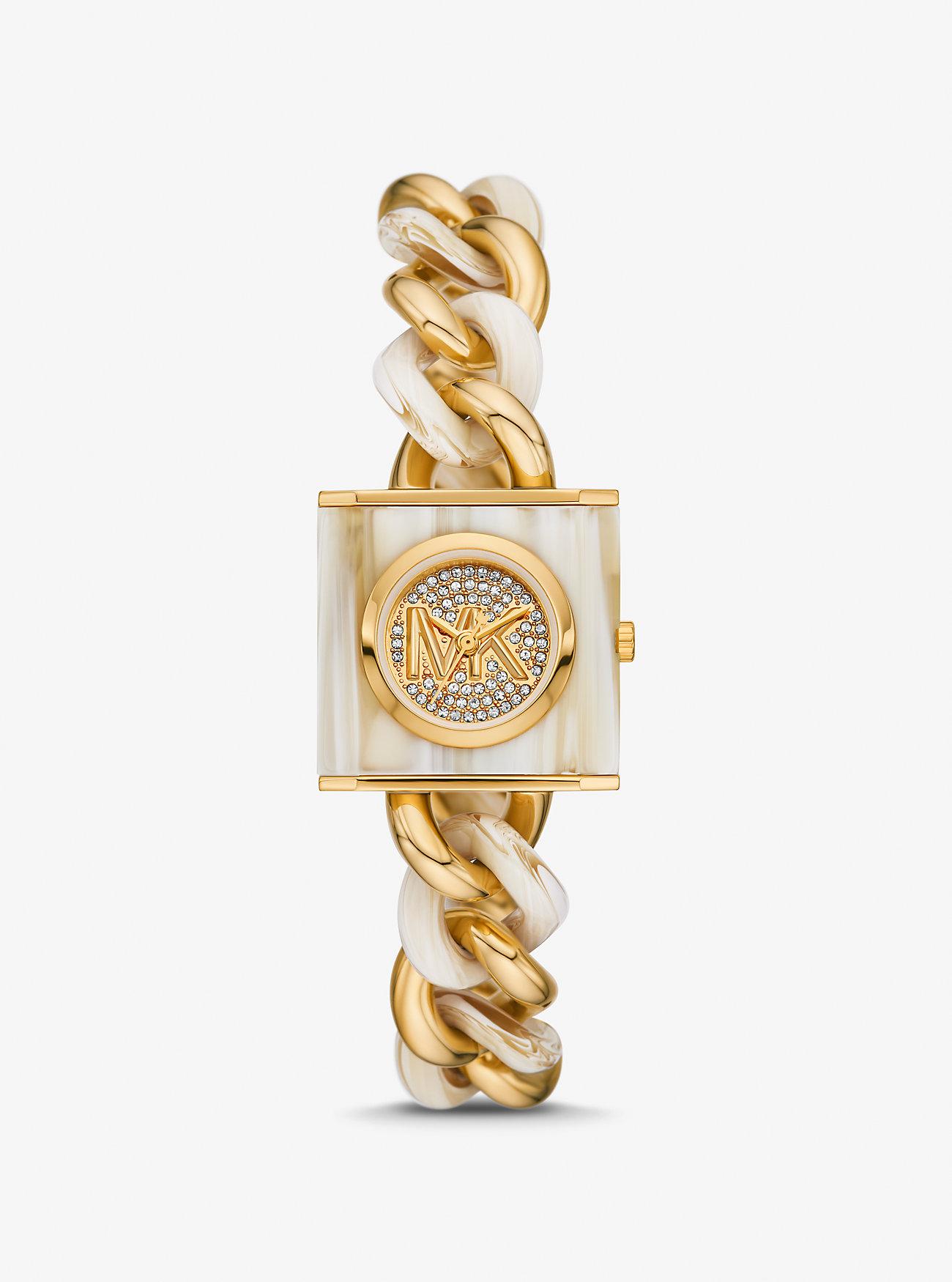 Đồng Hồ Michael Kors Petite Lock Pavé Gold-Tone And Acetate Chain Watch Nữ Vàng