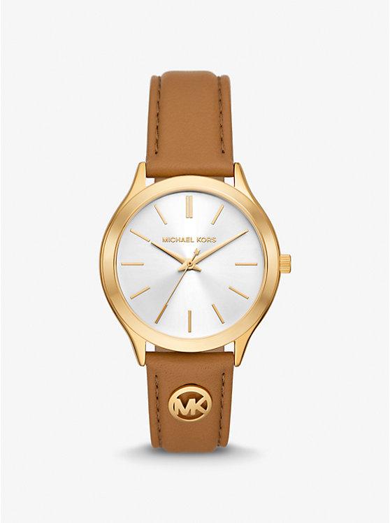 Đồng Hồ Michael Kors Slim Runway Gold-Tone And Leather Watch Nữ Nâu