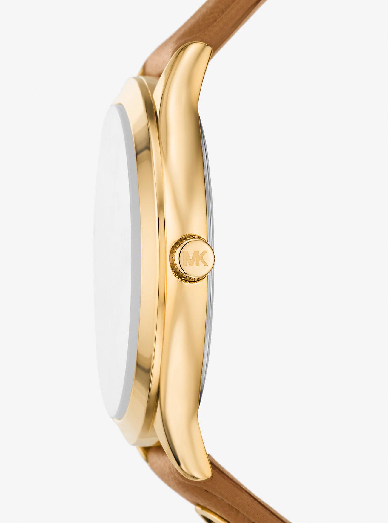 Đồng Hồ Michael Kors Slim Runway Gold-Tone And Leather Watch Nữ Nâu