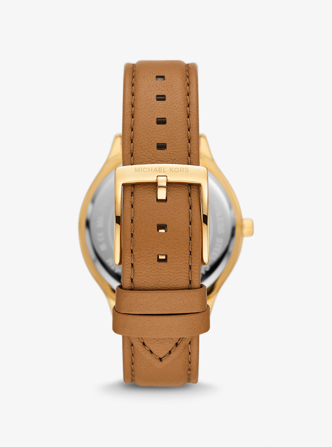 Đồng Hồ Michael Kors Slim Runway Gold-Tone And Leather Watch Nữ Nâu