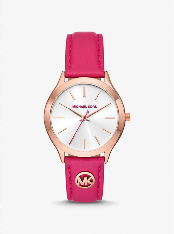 Đồng Hồ Michael Kors Slim Runway Rose Gold-Tone And Leather Watch Nữ Hồng