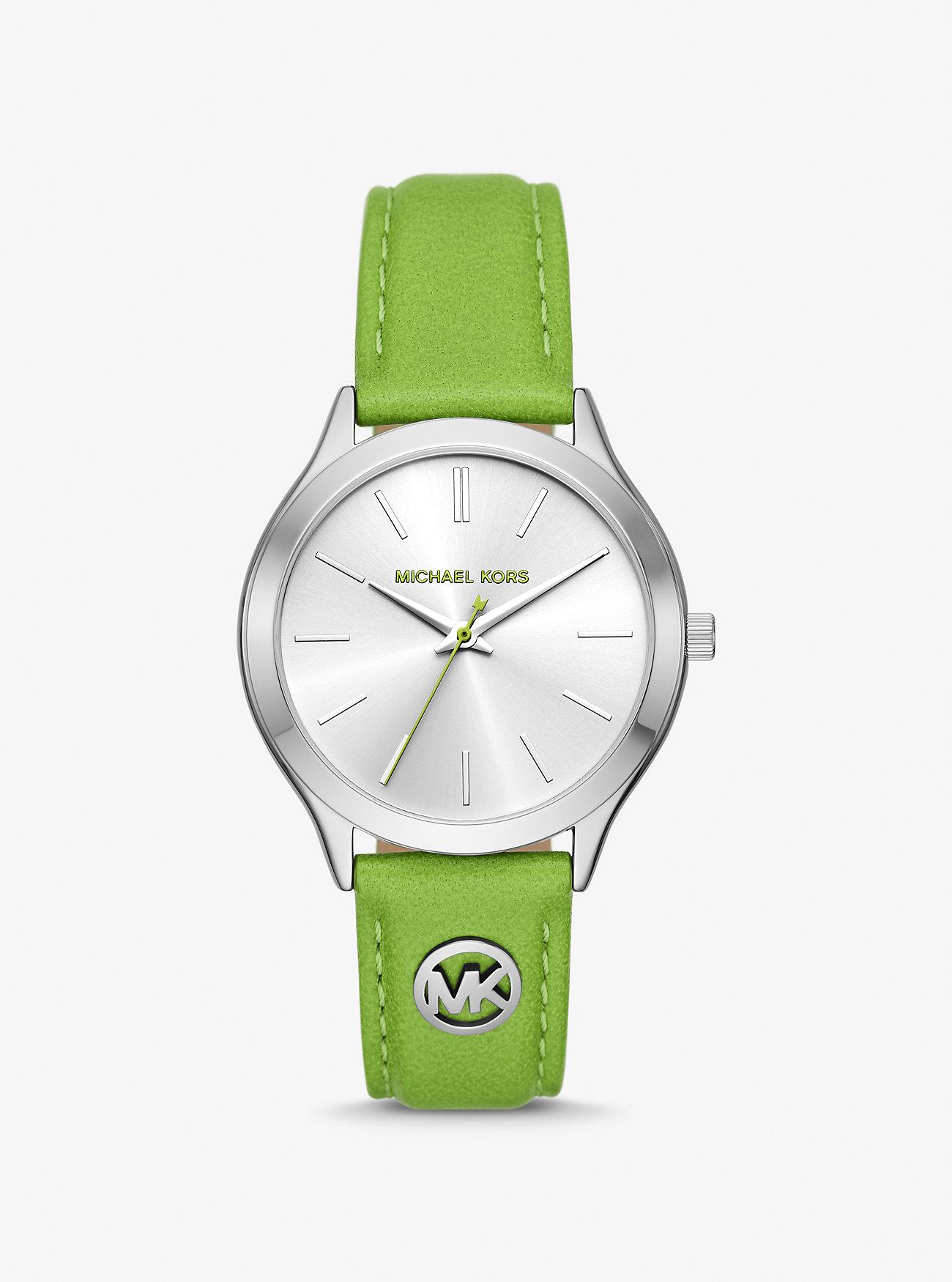 Đồng Hồ Michael Kors Slim Runway Silver-Tone And Leather Watch Nữ Xanh Lá