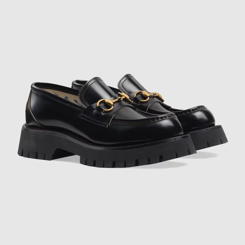 Giày Gucci Leather Lug Sole Loafer Nữ Đen Vàng