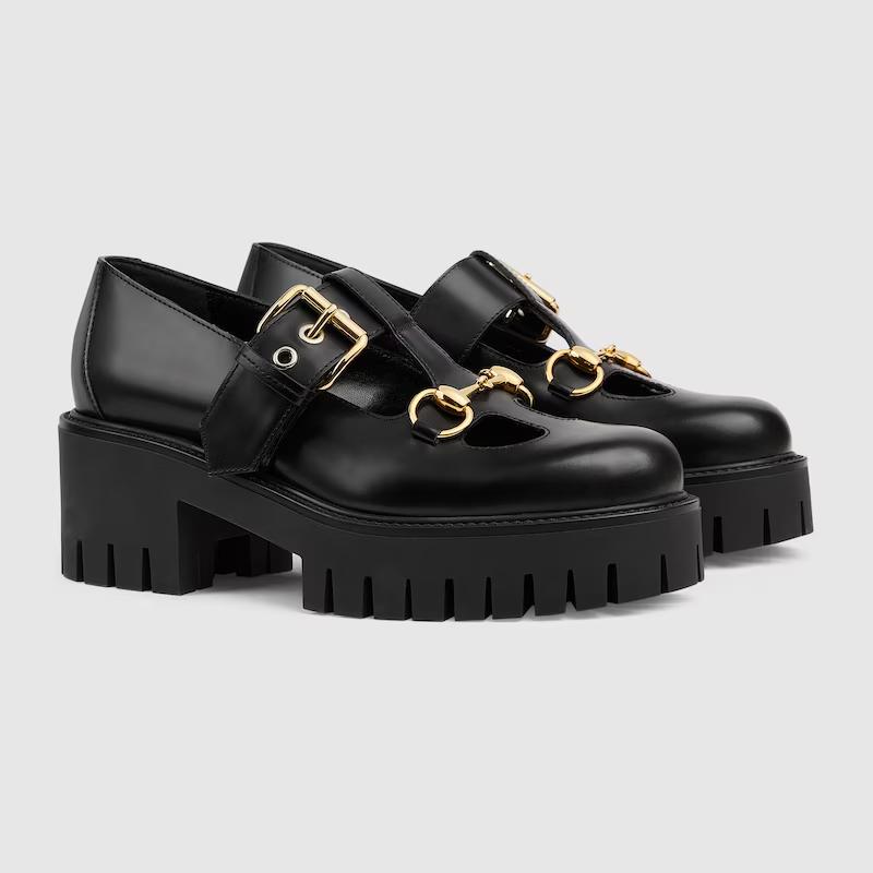 Giày Gucci Loafer With Horsebit Nữ Đen Vàng