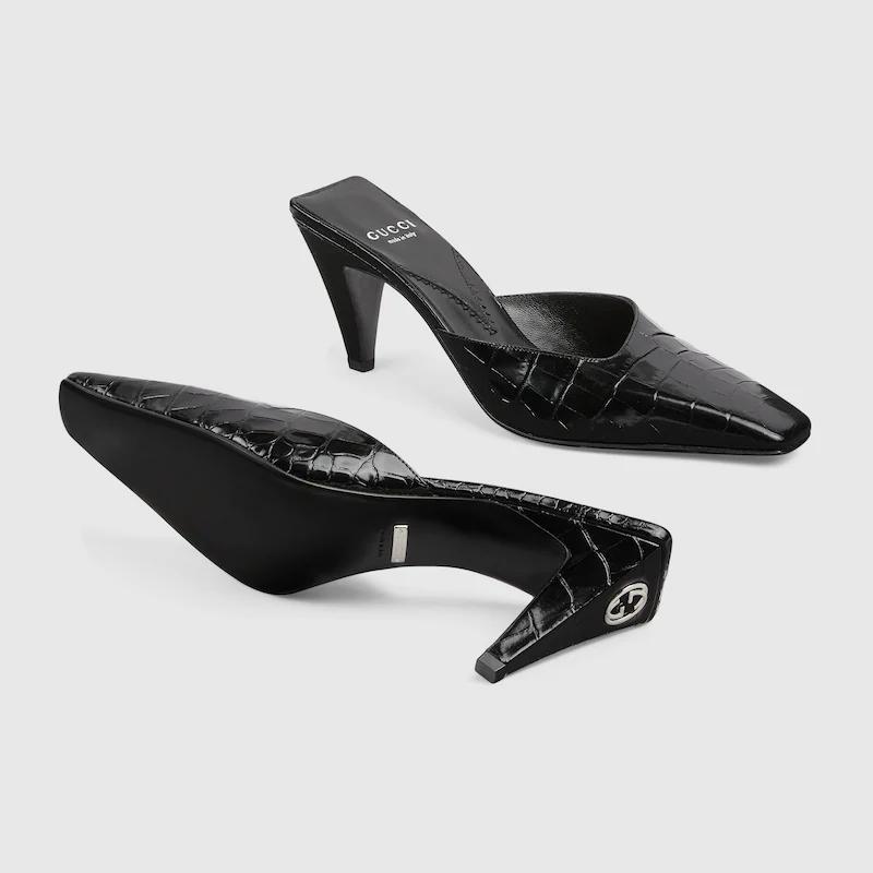 Giày Gucci Crocodile Printed Mule Sandal Nữ Đen