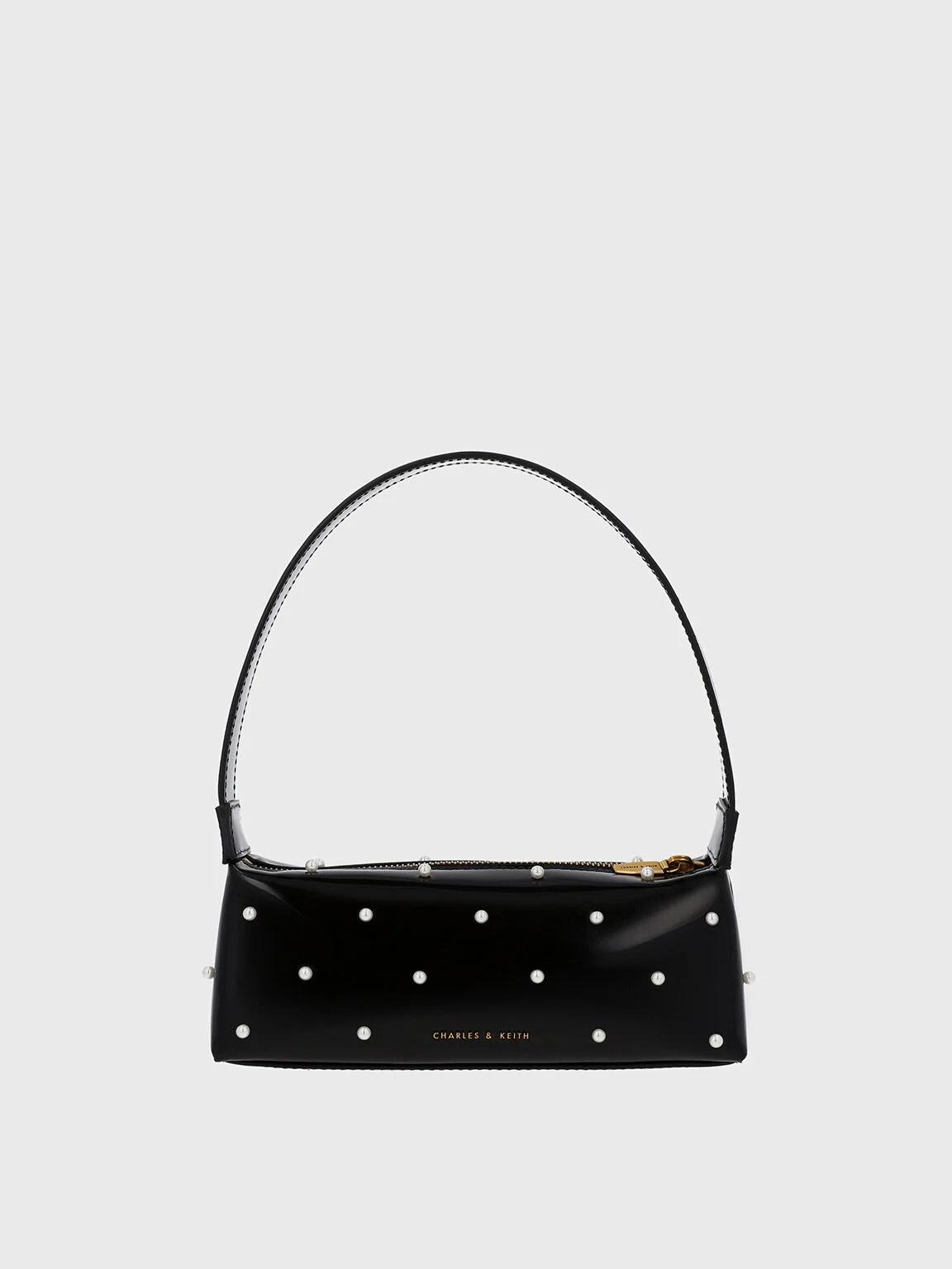 Túi Charles & Keith Pearl-Embellished Leather Top Handle Bag Nữ Đen