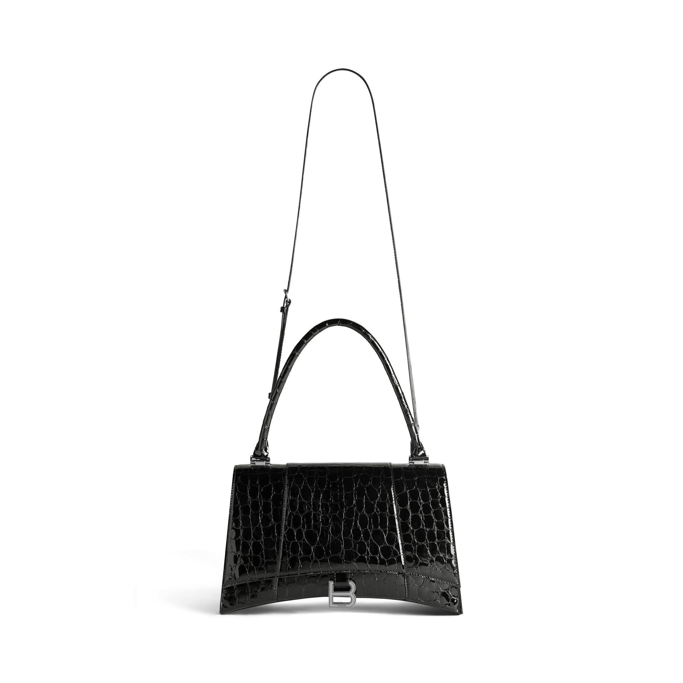 Túi Balenciaga Hourglass Hinge Medium Handbag Crocodile Embossed Nữ Đen