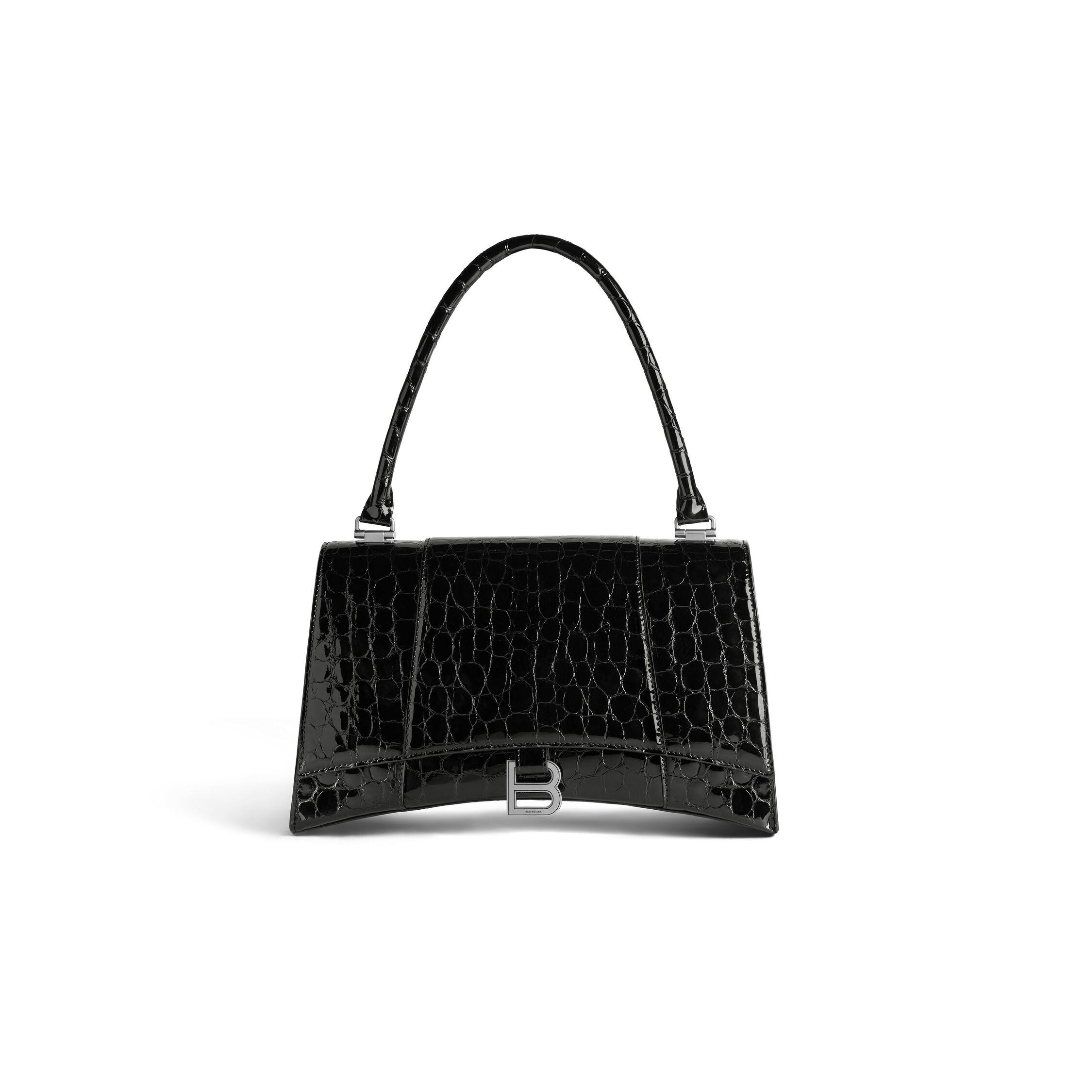 Túi Balenciaga Hourglass Hinge Medium Handbag Crocodile Embossed Nữ Đen