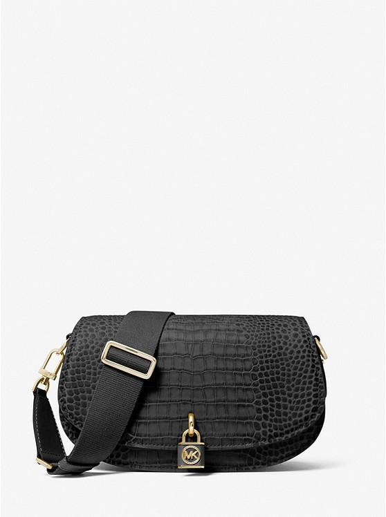 Túi Michael Kors Mila Medium Crocodile Embossed Leather Messenger Bag Nữ Đen