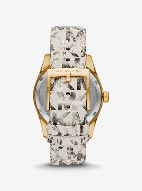 Đồng Hồ Michael Kors Lexington Gold-Tone And Signature Logo Watch Nữ Kem