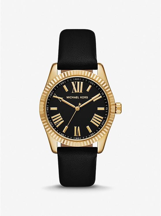 Đồng Hồ Michael Kors Lexington Gold-Tone And Leather Watch Nữ Đen