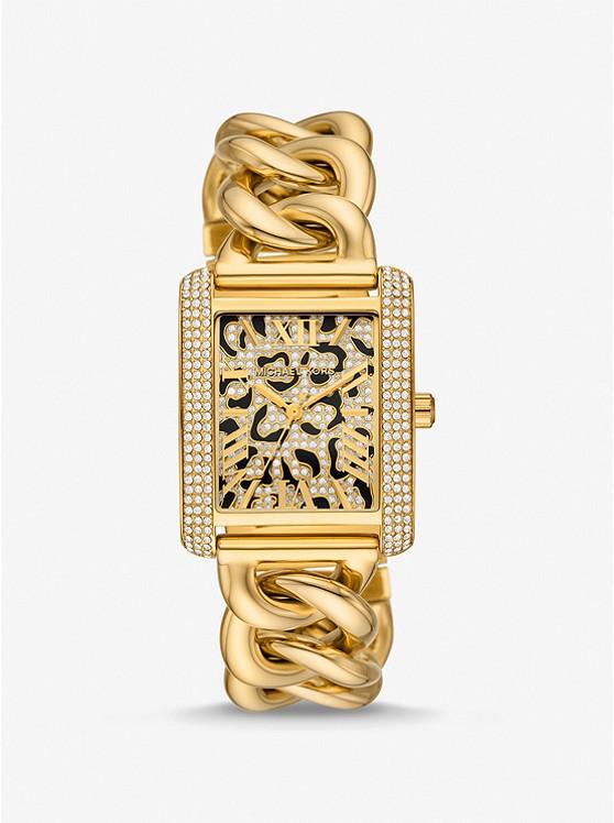 Đồng Hồ Michael Kors Mini Emery Animal Pavé Gold-Tone Curb Link Watch Nữ Vàng