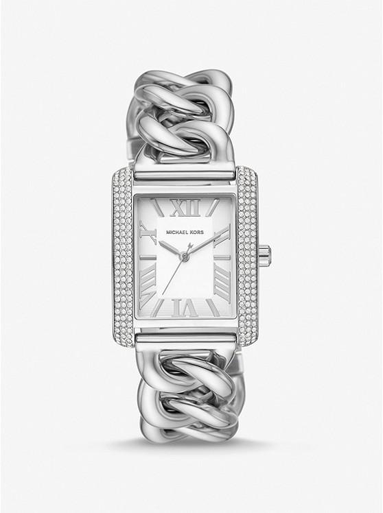 Đồng Hồ Michael Kors Mini Emery Pavé Silver-Tone Curb Link Watch Nữ Bạc