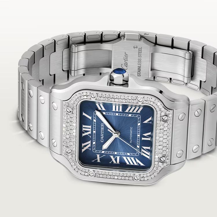 Đồng Hồ Cartier Santos De Cartier Medium Watch Nữ Bạc Xanh Dương