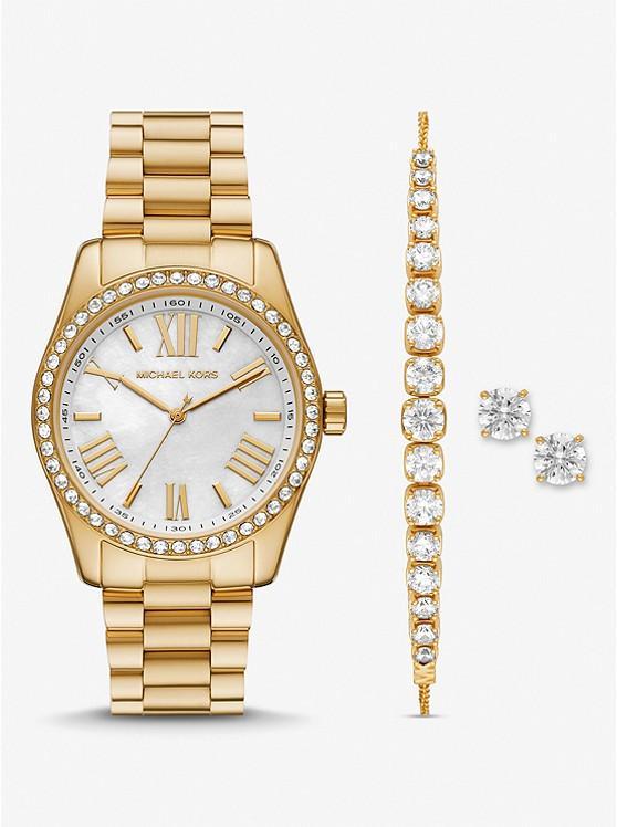 Đồng Hồ Michael Kors Lexington Pavé Gold-Tone Watch And Jewelry Gift Set Nam Vàng