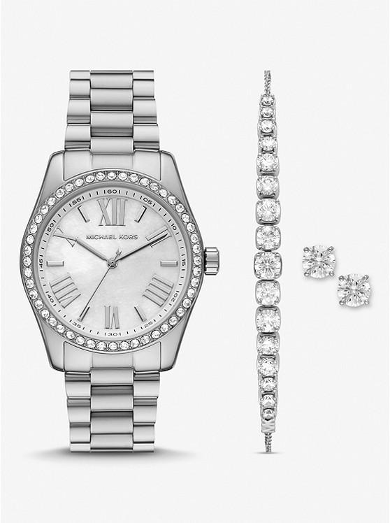 Đồng Hồ Michael Kors Lexington Pavé Silver-Tone Watch And Bracelet Set Nam Bạc