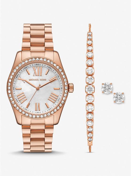 Đồng Hồ Michael Kors Lexington Pavé Rose Gold-Tone Watch And Jewelry Gift Set Nam Vàng Hồng