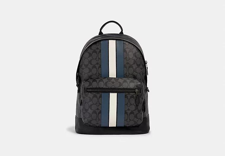 Túi Coach West Backpack In Signature Canvas With Varsity Stripe Nam Đen