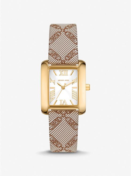 Đồng Hồ Michael Kors Mini Emery Gold-Tone And Empire Logo Jacquard Watch Nữ Vàng