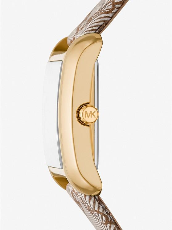 Đồng Hồ Michael Kors Mini Emery Gold-Tone And Empire Logo Jacquard Watch Nữ Vàng