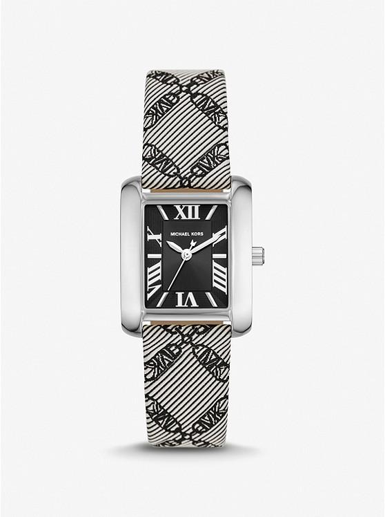 Đồng Hồ Michael Kors Mini Emery Silver-Tone And Empire Logo Jacquard Watch Nữ Đen