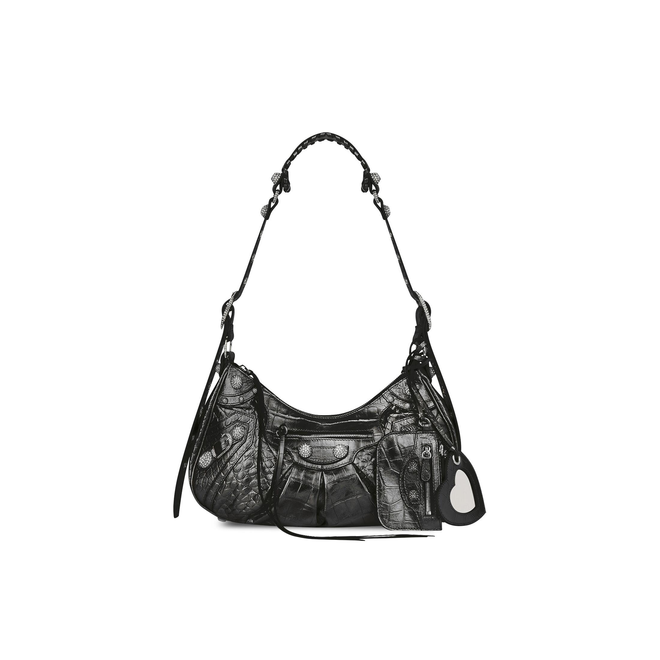 Túi Balenciaga Le Cagole Small Shoulder Bag Metallized Crocodile Embossed With Rhinestones Nữ Xám