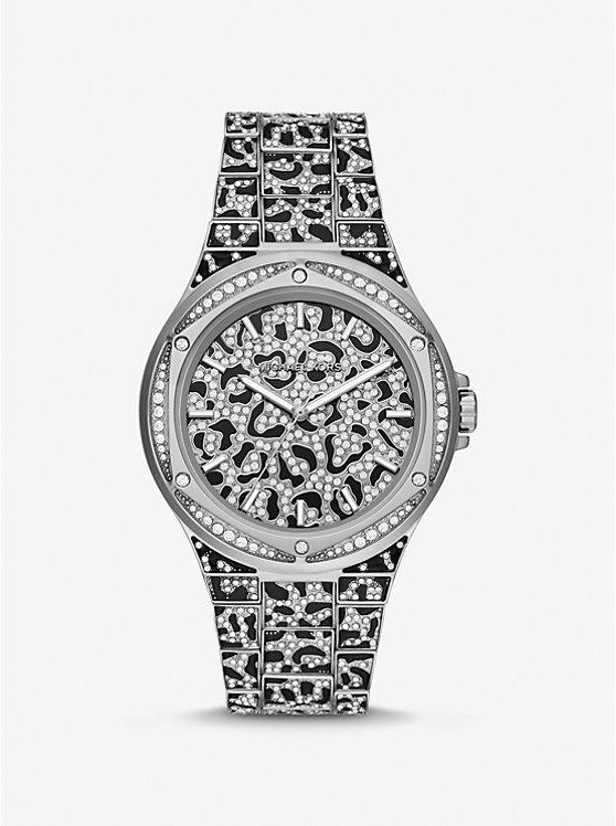 Đồng Hồ Michael Kors Oversized Lennox Animal Pavé Silver-Tone Watch Nữ Bạc