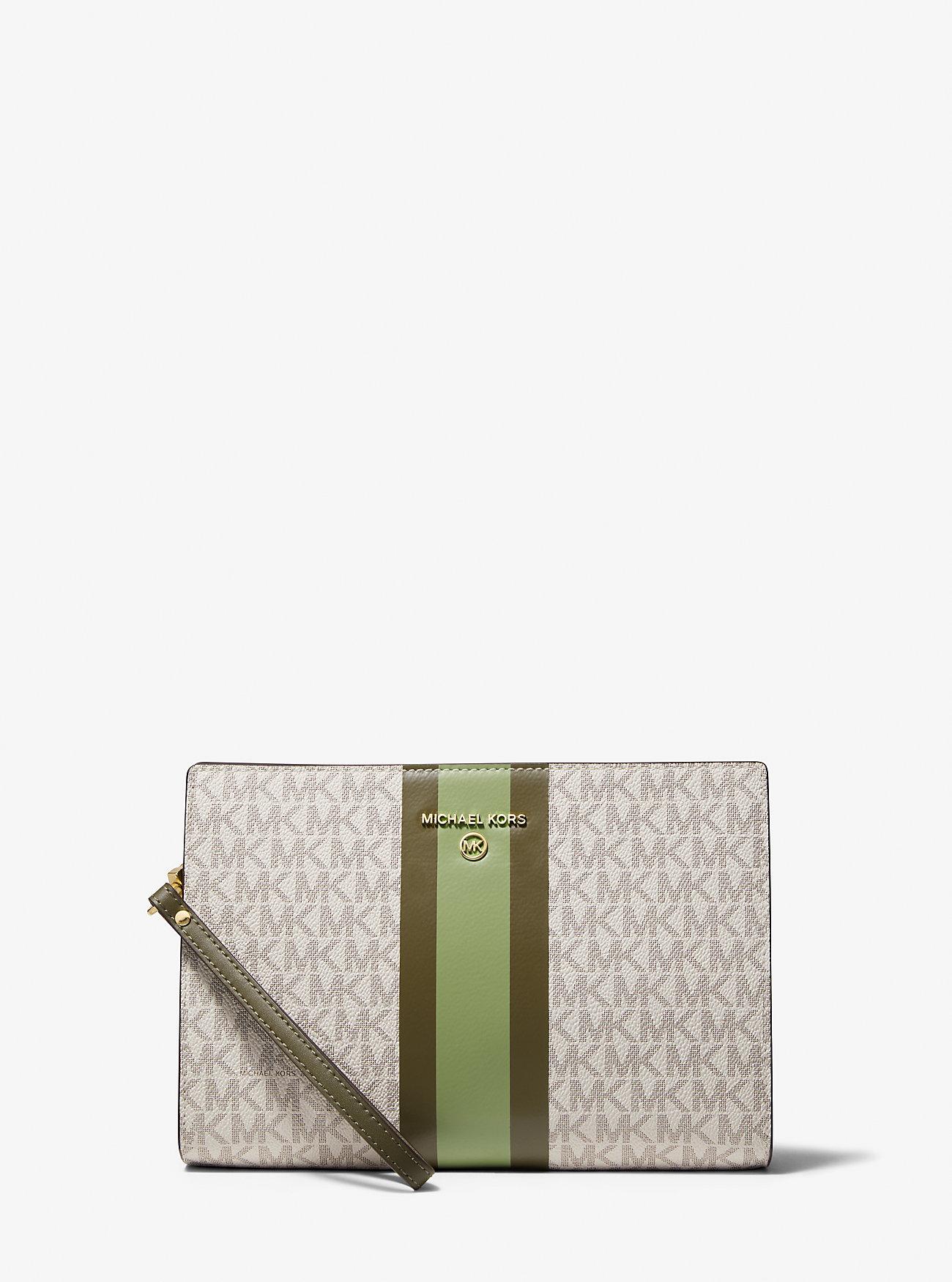 Túi Michael Kors Medium Logo Stripe Zip Pouch Nữ Trắng Xanh Lá