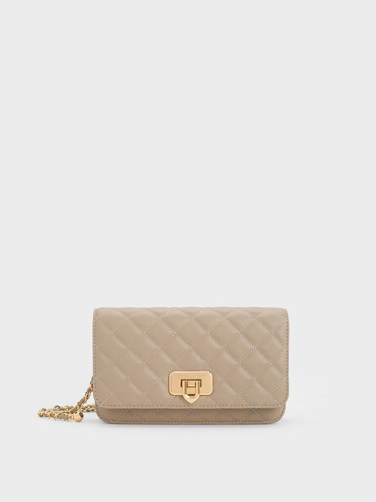 Túi Charles & Keith Cressida Quilted Push-Lock Clutch Nữ Nâu