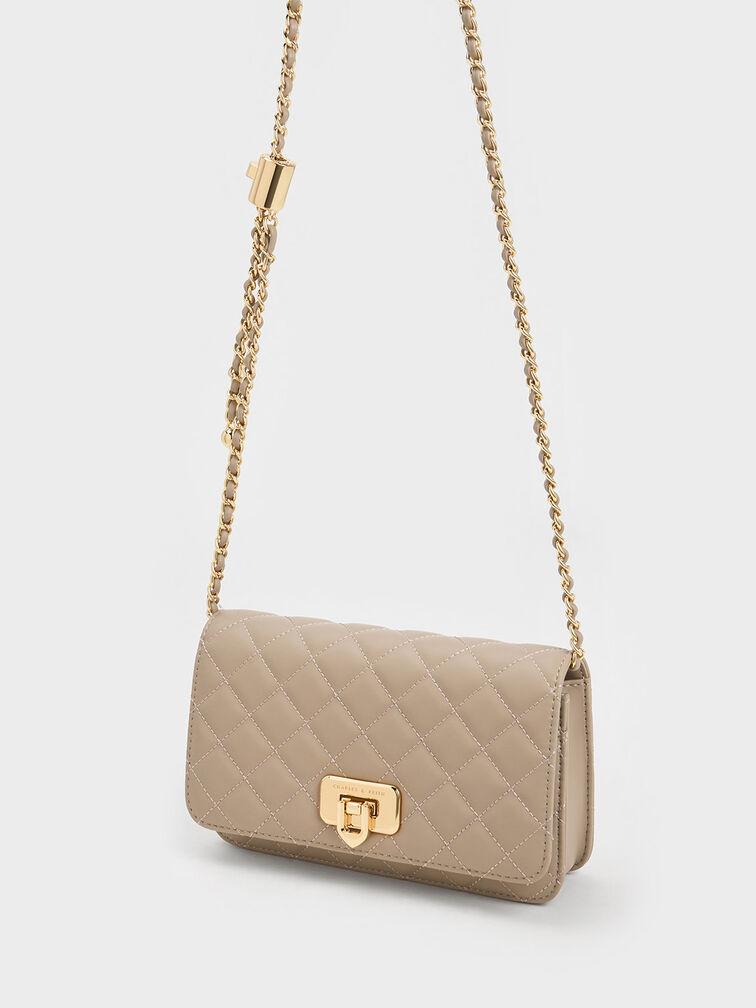 Túi Charles & Keith Cressida Quilted Push-Lock Clutch Nữ Nâu