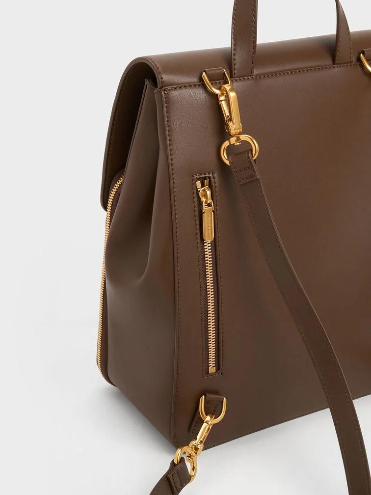 Túi Charles & Keith Front Flap Structured Backpack Nữ Nâu