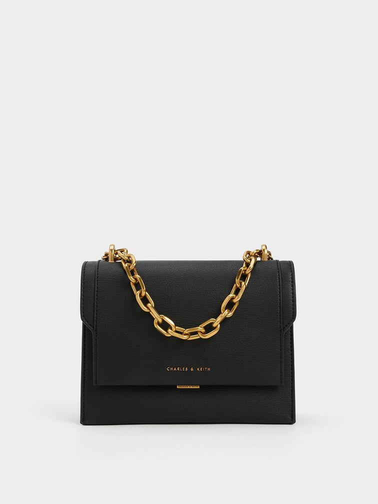 Túi Charles & Keith Front Flap Chain Handle Crossbody Bag Nữ Đen