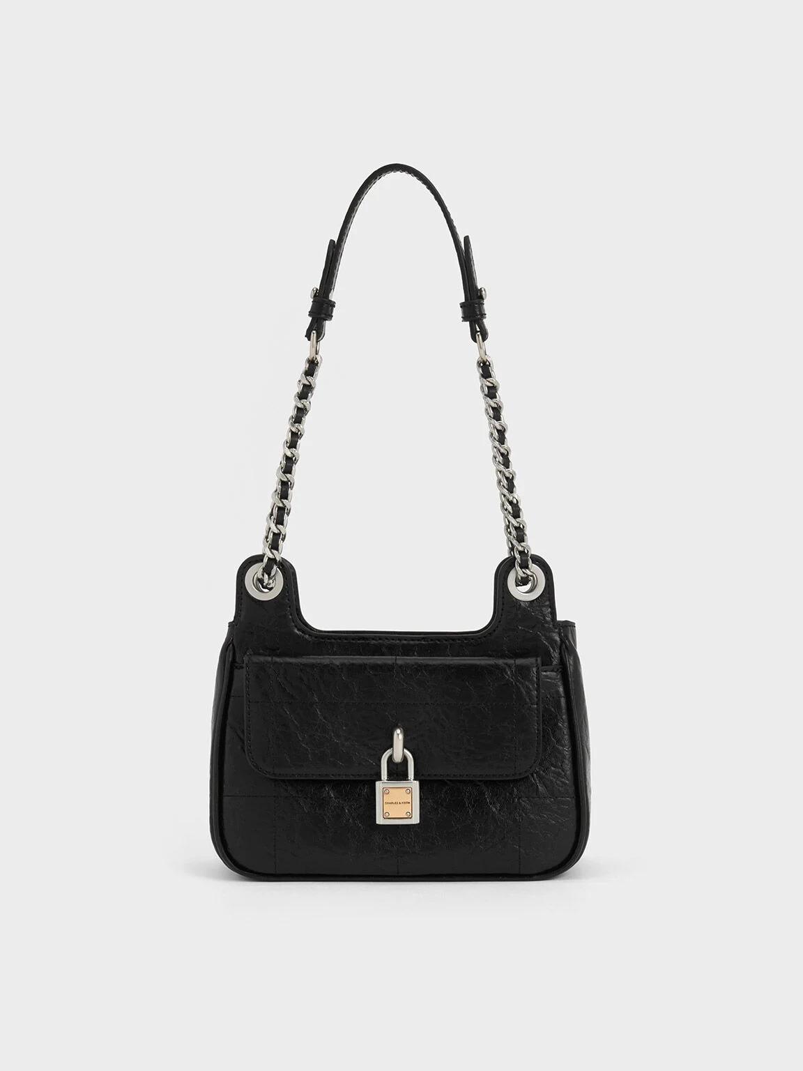 Túi Charles & Keith Suki Crinkle-Effect Padlock Nữ Đen