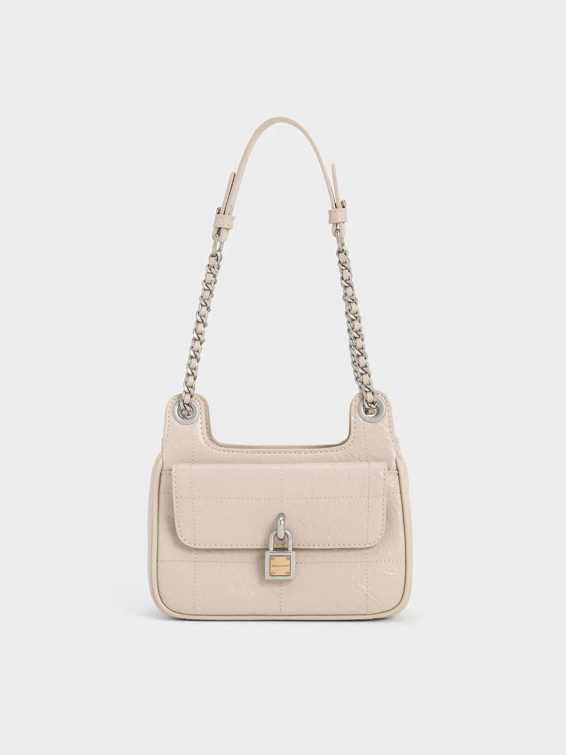 Túi Charles & Keith Suki Crinkle-Effect Padlock Nữ Kem