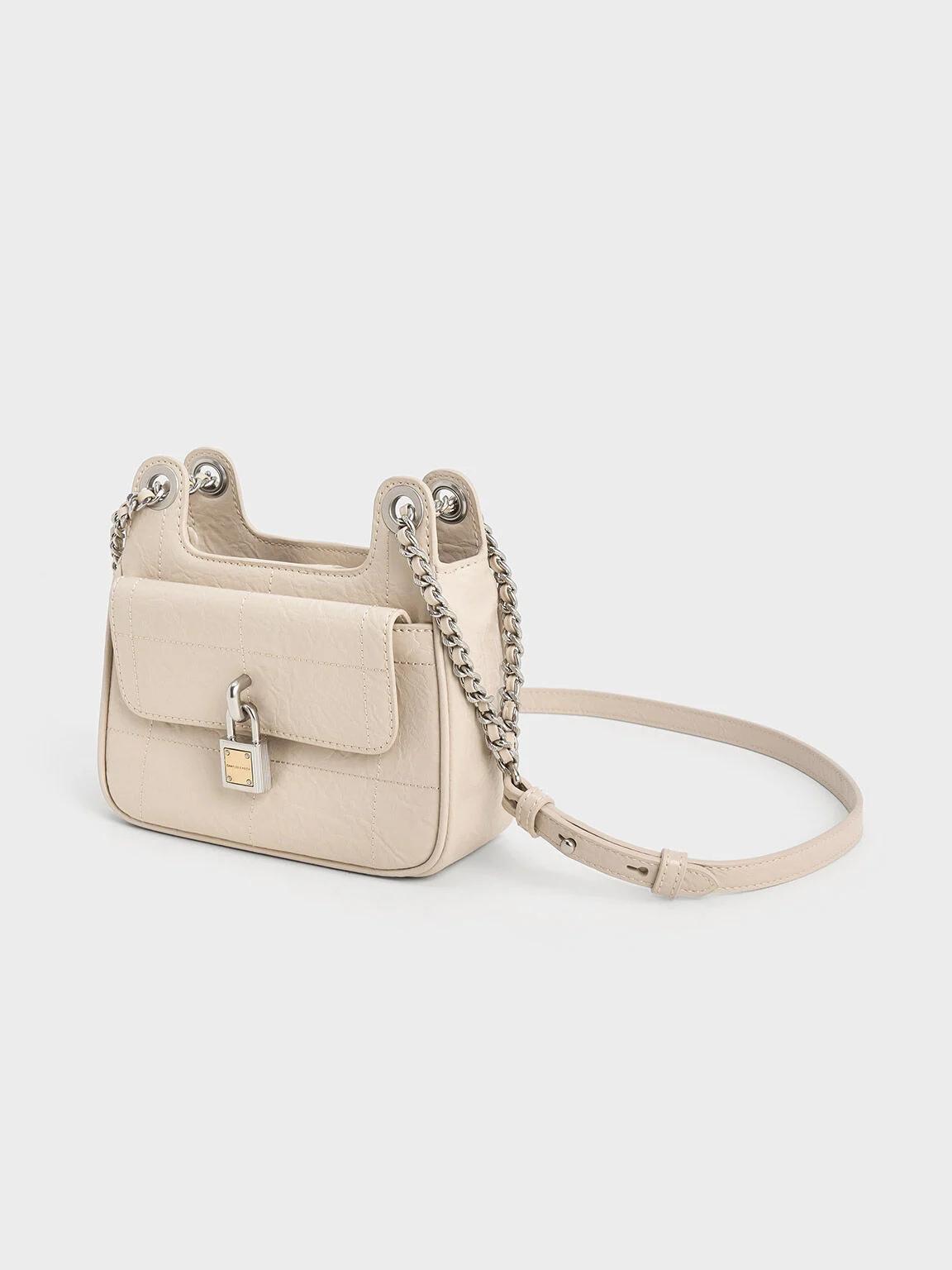 Túi Charles & Keith Suki Crinkle-Effect Padlock Nữ Kem