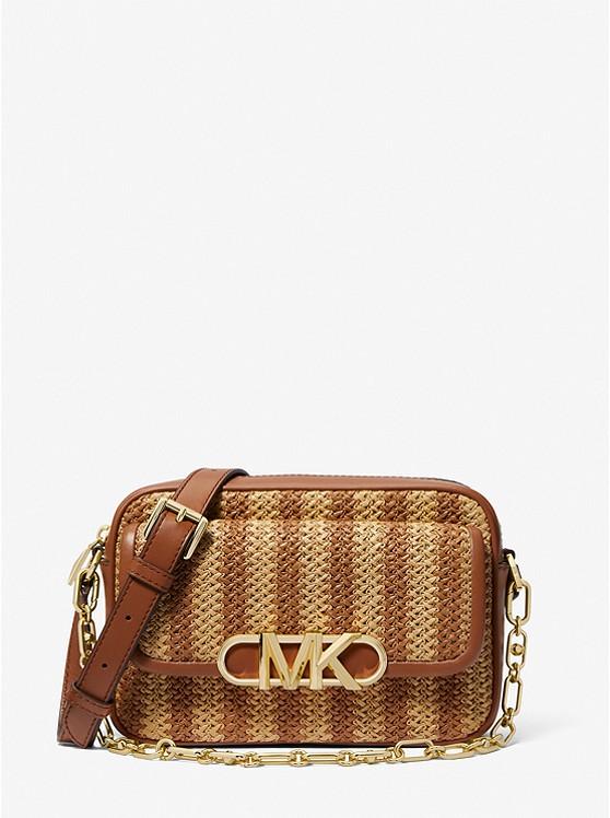 Túi Michael Kors Parker Medium Striped Straw And Leather Crossbody Bag Nữ Nâu