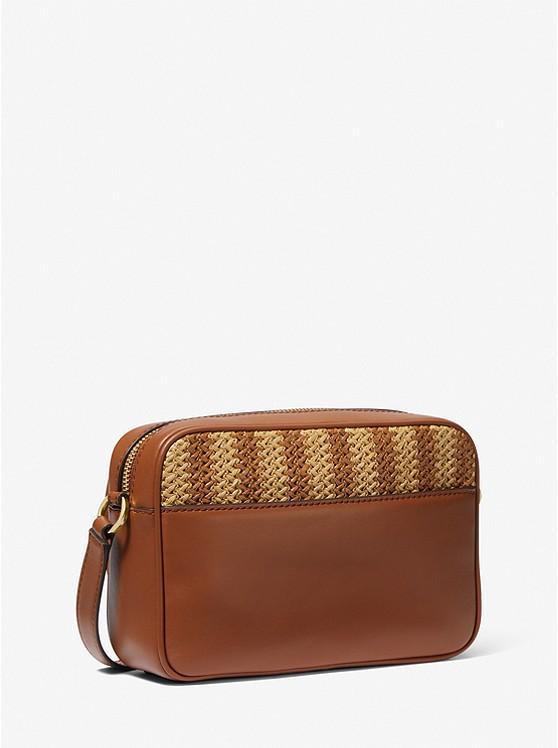 Túi Michael Kors Parker Medium Striped Straw And Leather Crossbody Bag Nữ Nâu