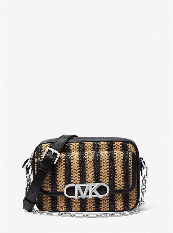 Túi Michael Kors Parker Medium Striped Straw And Leather Crossbody Bag Nữ Đen