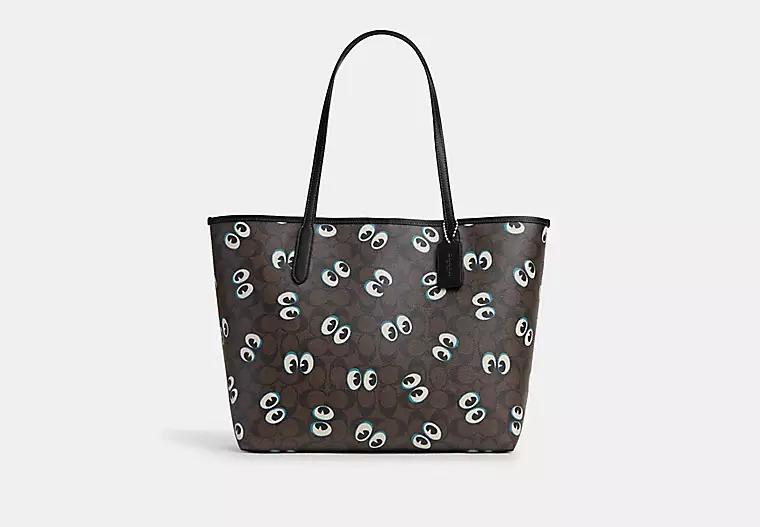 Túi Coach City Tote In Signature Canvas With Halloween Eyes Nữ Nâu