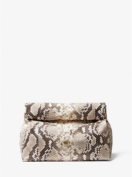 Túi Michael Kors Monogramme Python Embossed Lunch Bag Clutch Nữ Nâu Trắng