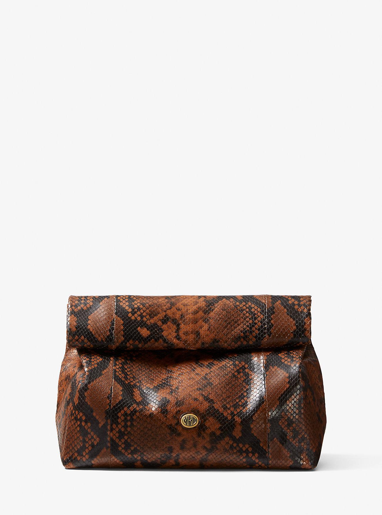 Túi Michael Kors Monogramme Python Embossed Lunch Bag Clutch Nữ Nâu Đen